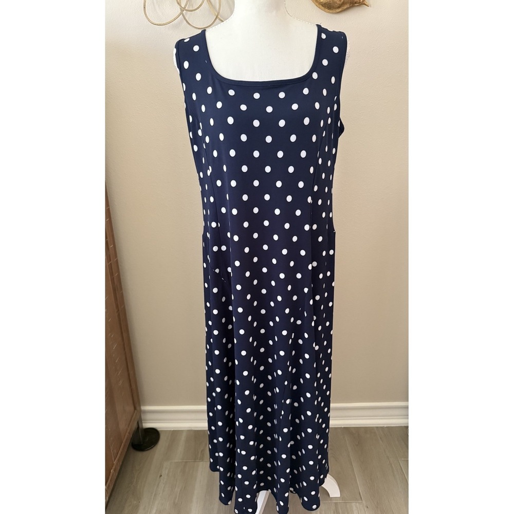 Susan Graver Liquid Knit Navy White Polka Dot Maxi Dress Sleeveless‎ M QVC